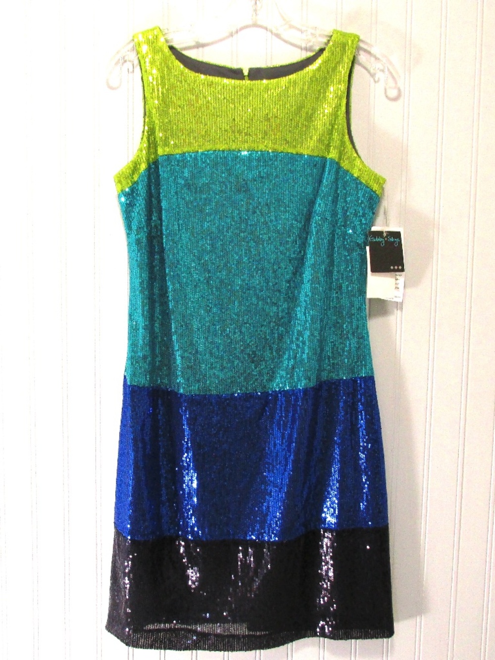 Gabby Skye NWT Lime Aqua Blue Sequined Sleeveless Sheath Dress, Size 8 - Picture 2 of 8